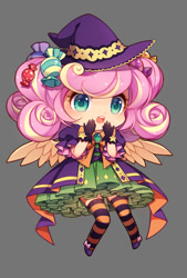 Size: 809x1200 | Tagged: safe, artist:huaineko, imported from derpibooru, fluttershy, human, candy, clothes, female, food, halloween, humanized, pixiv, socks, solo, stockings, striped socks, thigh highs, winged humanization, wings, witch