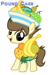 Size: 269x399 | Tagged: safe, artist:shera5, imported from derpibooru, pound cake, the cutie mark chronicles, bowl, colt, cute, fruit, fruit bowl, fruit hat, hat, looking at you, male, older, simple background, smiling, solo, white background