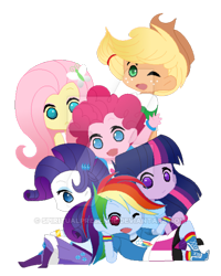 Size: 400x501 | Tagged: safe, artist:spiritualpresence, imported from derpibooru, applejack, fluttershy, pinkie pie, rainbow dash, rarity, twilight sparkle, equestria girls, chibi, humane five, humane six, mane six, simple background, transparent background, watermark