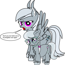 Size: 4544x4507 | Tagged: safe, artist:dinkyuniverse, imported from derpibooru, silver spoon, silverspeed, absurd resolution, chest fluff, crying, dialogue, don't talk to me or my son ever again, ear fluff, female, mama silverspeed, meme, mother and daughter, sad, simple background, transparent background, unshorn fetlocks