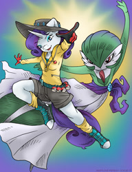 Size: 923x1200 | Tagged: safe, artist:kaemantis, imported from derpibooru, rarity, anthro, gardevoir, unguligrade anthro, armpits, clothes, crossover, gloves, hat, hoof boots, implied lesbian, implied rarijack, jewelry, necklace, nintendo, open mouth, poké ball, pokéball, pokémon, shorts, trainer