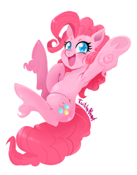 Size: 1721x2199 | Tagged: safe, artist:twitchykismet, imported from derpibooru, pinkie pie, armpits, blushing, female, looking at you, open mouth, simple background, smiling, solo, starry eyes, underhoof, unshorn fetlocks, white background, wingding eyes