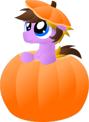 Size: 576x792 | Tagged: safe, artist:java--jive, imported from derpibooru, oc, oc only, oc:corduroy road, earth pony, pony, chest fluff, colt, cute, eye, eyes, foal, food, hat, male, orange, pumpkin, smiling, solo