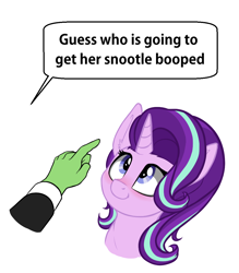 Size: 1000x1143 | Tagged: safe, artist:duop-qoub, imported from derpibooru, starlight glimmer, oc, oc:anon, human, pony, unicorn, blushing, boop, boop the snoot, cute, dialogue, ear fluff, eyes on the prize, female, finger, glimmerbetes, hand, imminent boop, looking at something, looking up, mare, simple background, smiling, snoot, solo focus, speech bubble, text, white background