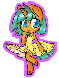 Size: 458x600 | Tagged: safe, artist:dinkelion, imported from derpibooru, snails, anthro, chibi, clothes, crossdressing, cute, dress, glitter shell, shoes, simple background, solo, transparent background