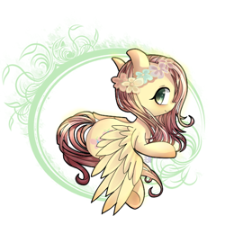 Size: 560x560 | Tagged: safe, artist:alus, imported from derpibooru, fluttershy, pegasus, pony, female, floral head wreath, flower, flower in hair, looking at you, mare, pixiv, solo, spread wings