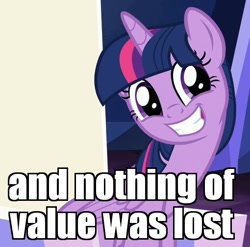 Size: 510x503 | Tagged: safe, edit, edited screencap, imported from derpibooru, screencap, twilight sparkle, alicorn, pony, to where and back again, and nothing of value was lost, cute, eye shimmer, female, grin, image macro, loop, meme, sitting, smiling, solo, squee, the critic, throne, twiabetes, twilight sparkle (alicorn)