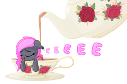 Size: 4601x3052 | Tagged: safe, artist:vito, deleted from derpibooru, imported from derpibooru, oc, oc only, oc:heartbeat, bat pony, pony, absurd resolution, cup, cup of pony, eeee, female, filly, micro, solo, teacup, teapot, tiny