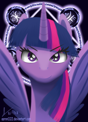 Size: 800x1100 | Tagged: safe, artist:aaron1122, imported from derpibooru, twilight sparkle, alicorn, pony, bust, female, looking at you, magic, magic circle, portrait, solo, twilight sparkle (alicorn)