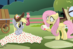Size: 2835x1929 | Tagged: safe, artist:shutterflyeqd, imported from derpibooru, derpy hooves, fluttershy, pegasus, pony, blushing, duo, female, fluttershy's cottage, hat, love letter, mail, mailmare, mare, scrunchy face