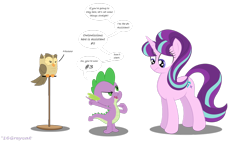 Size: 1024x576 | Tagged: safe, artist:greycat-rademenes, imported from derpibooru, owlowiscious, spike, starlight glimmer, pony, dialogue, looking at each other, open mouth, pointing, simple background, speech bubble, transparent background, wavy mouth