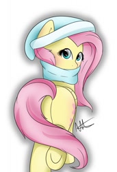 Size: 873x1280 | Tagged: safe, artist:sugarwings-art, imported from derpibooru, fluttershy, butt, clothes, cute, female, hat, looking at you, looking back, looking back at you, plot, rear view, scarf, shyabetes, solo, underhoof