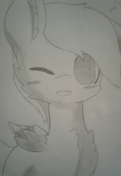 Size: 1536x2237 | Tagged: safe, artist:streambreeze, imported from derpibooru, oc, oc only, oc:merc, pegasus, pony, blushing, drawing, fluffy, monochrome, one eye closed, smiling, solo, traditional art, wink