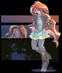 Size: 1600x1892 | Tagged: safe, artist:tyuubatu, imported from derpibooru, sunset shimmer, equestria girls, boots, clothes, female, human coloration, jacket, leather jacket, lidded eyes, silhouette, solo, tree