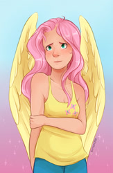 Size: 1500x2300 | Tagged: safe, artist:kodabomb, imported from derpibooru, fluttershy, human, breasts, cleavage, clothes, colored pupils, cute, female, humanized, pants, shyabetes, simple background, small breasts, smiling, solo, tanktop, winged humanization, wings