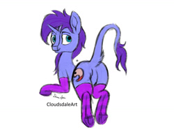 Size: 1600x1256 | Tagged: safe, artist:cloudsdaleart, imported from derpibooru, oc, oc only, oc:seafood dinner, classical unicorn, pony, unicorn, clothes, cloven hooves, featureless crotch, leonine tail, long tail, looking back, presenting, simple background, socks, solo, striped socks, underhoof, unshorn fetlocks, white background