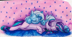 Size: 1088x567 | Tagged: safe, artist:theorderofalisikus, imported from derpibooru, starlight glimmer, trixie, pony, unicorn, cute, diatrixes, eyes closed, female, glimmerbetes, lesbian, lying down, mare, open mouth, pony pillow, prone, shipping, sleeping, stars, startrix, traditional art, underhoof, watercolor painting