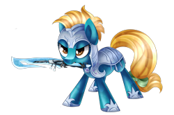 Size: 2691x1786 | Tagged: safe, artist:scarlet-spectrum, imported from derpibooru, oc, oc only, oc:crescent flower, earth pony, pony, armor, mouth hold, simple background, solo, sword, transparent background, weapon