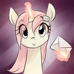 Size: 512x512 | Tagged: safe, artist:cosmalumi, artist:its-gloomy, imported from derpibooru, oc, oc only, oc:marathon, pony, unicorn, ask-marathon, bust, letter, levitation, looking at you, magic, portrait, smiling, solo, telekinesis