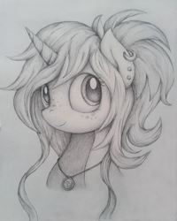 Size: 1912x2392 | Tagged: safe, artist:thebowtieone, imported from derpibooru, oc, oc only, oc:exo, pony, unicorn, bust, female, mare, monochrome, portrait, solo, traditional art