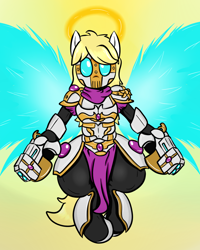 Size: 800x1000 | Tagged: safe, artist:happydeadpony, imported from derpibooru, oc, oc only, oc:messa, pony, angel, angelic, armor, artificial wings, augmented, blonde, clothes, colored, female, fire halo, gun, halo, helmet, hips, holy, holy halo, magic, magic wings, mare, mask, pose, scarf, solo, weapon, wings