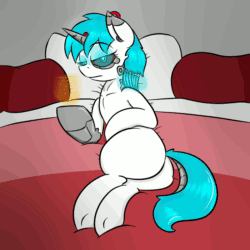Size: 800x800 | Tagged: safe, artist:happydeadpony, imported from derpibooru, oc, oc only, oc:mikky, cyborg, pony, unicorn, animated, bed, butt, camera, colored, cute, cyberghost, effect, error, female, gif, glitch, glow, glowing, glowing eyes, lag, metal, mikky, on side, plot, projection, side, solo, white