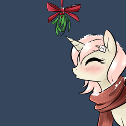Size: 750x750 | Tagged: safe, artist:cosmalumi, artist:its-gloomy, imported from derpibooru, oc, oc only, oc:marathon, unicorn, ask-marathon, blue background, blushing, clothes, commission, eyes closed, kissy face, meme, mistleholly, mistletoe, ribbon, scarf, simple background, snow, solo, your character here