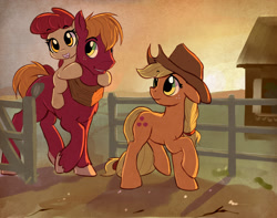 Size: 2951x2320 | Tagged: safe, artist:gsphere, imported from derpibooru, apple bloom, applejack, big macintosh, earth pony, pony, adorabloom, apple bloom riding big macintosh, apple family, apple siblings, applejack's hat, blank flank, brother and sister, cottagecore, cowboy hat, cute, daaaaaaaaaaaw, family, featured image, female, fence, filly, floppy ears, freckles, hat, horse collar, jackabetes, macabetes, male, mare, open mouth, ponies riding ponies, raised hoof, riding, scenery, siblings, stallion, stetson, sunset, trio, walking, wholesome, yoke