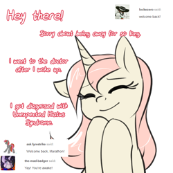 Size: 750x750 | Tagged: safe, artist:cosmalumi, artist:its-gloomy, imported from derpibooru, oc, oc only, oc:marathon, ask-marathon, bust, cute, dialogue, eyes closed, floppy ears, hoof on chin, ocbetes, simple background, smiling, solo, white background