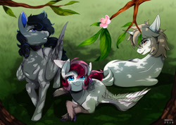 Size: 1400x990 | Tagged: safe, artist:renciel, imported from derpibooru, oc, oc only, oc:rouge swirl, flower, trio