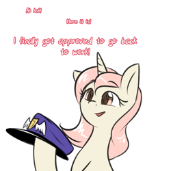 Size: 750x750 | Tagged: safe, artist:cosmalumi, artist:its-gloomy, imported from derpibooru, oc, oc only, oc:marathon, unicorn, ask-marathon, bust, dialogue, hat, hoof hold, looking at something, open mouth, simple background, smiling, solo, white background