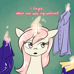 Size: 750x750 | Tagged: safe, artist:cosmalumi, artist:its-gloomy, imported from derpibooru, oc, oc only, oc:marathon, unicorn, ask-marathon, clothes, cyoa, dialogue, floppy ears, green background, levitation, magic, open mouth, simple background, solo, telekinesis