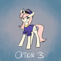 Size: 750x750 | Tagged: safe, artist:cosmalumi, artist:its-gloomy, imported from derpibooru, oc, oc only, oc:marathon, unicorn, animated, ask-marathon, blue background, clothes, gif, looking at you, mailmare, options, simple background, smiling, solo, uniform