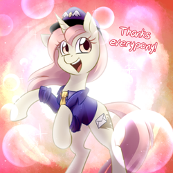 Size: 750x750 | Tagged: safe, artist:cosmalumi, artist:its-gloomy, imported from derpibooru, oc, oc only, oc:marathon, unicorn, abstract background, ask-marathon, bubble, clothes, dialogue, looking at you, mailmare, necktie, open mouth, rearing, smiling, solo, thanks, uniform