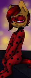 Size: 321x791 | Tagged: safe, artist:chibadeer, imported from derpibooru, earth pony, pony, bodysuit, clothes, costume, female, ladybug (miraculous ladybug), mare, mask, miraculous ladybug, non-mlp character, non-mlp only, ponified, solo, tongue out