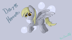 Size: 1920x1080 | Tagged: safe, artist:limedreaming, imported from derpibooru, derpy hooves, pegasus, pony, chest fluff, colored pupils, cutie mark background, ear fluff, female, flying, mare, neck fluff, signature, smiling, solo, wallpaper