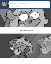 Size: 666x833 | Tagged: safe, artist:egophiliac, imported from derpibooru, princess luna, oc, oc:pebbl, moonstuck, cartographer's cap, filly, grayscale, hat, marauder's mantle, mirror, monochrome, moon roc, woona, woonoggles, younger