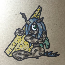 Size: 1334x1334 | Tagged: source needed, safe, artist:ashtoneer, imported from derpibooru, queen chrysalis, changeling, changeling queen, cheese, female, food, queen swissalis, solo, traditional art
