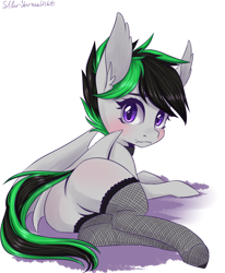 Size: 1400x1700 | Tagged: safe, artist:silbersternenlicht, imported from derpibooru, oc, oc only, oc:night wing, bat pony, pony, blushing, butt, clothes, fangs, featureless crotch, female, fishnets, looking at you, looking back, looking back at you, lying, lying down, mare, plot, simple background, socks, solo, wavy mouth, white background