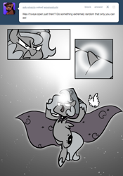 Size: 666x950 | Tagged: safe, artist:egophiliac, imported from derpibooru, princess luna, oc, oc:pebbl, moonstuck, cartographer's cap, filly, glowing eyes, grayscale, hat, magic, marauder's mantle, monochrome, moon roc, woona, younger