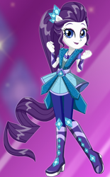 Size: 340x549 | Tagged: safe, artist:unicornsmile, imported from derpibooru, rarity, equestria girls, legend of everfree, boots, box art, clothes, crystal guardian, female, fist, high heel boots, open mouth, ponied up, shoes, solo, starsue