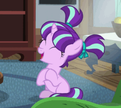Size: 528x472 | Tagged: safe, imported from derpibooru, screencap, starlight glimmer, pony, unicorn, the cutie re-mark, animated, clapping, cropped, cute, daaaaaaaaaaaw, eyes closed, female, filly, filly starlight glimmer, gif, glimmerbetes, glimmy, happy, hnnng, loop, open mouth, pigtails, sitting, smiling, solo, younger