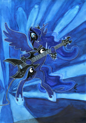 Size: 1280x1843 | Tagged: safe, artist:crystalightrocket, artist:crystalightx, imported from derpibooru, princess luna, pony, bass guitar, bipedal, corpse paint, crossover, female, guitar, heavy metal, mixed media, musical instrument, solo, spiked wristband, traditional art, wristband