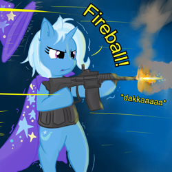 Size: 1772x1772 | Tagged: safe, artist:mr.candy_owo, imported from derpibooru, trixie, pony, bipedal, clothes, dialogue, female, gun, hat, magic, ponies with guns, simple background, solo, trixie's cape, trixie's hat, weapon