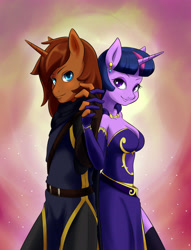 Size: 2600x3400 | Tagged: safe, artist:skecchiart, imported from derpibooru, twilight sparkle, oc, oc:courageous heart, anthro, unicorn, breasts, canon x oc, cleavage, clothes, dress, ear piercing, earring, female, gradient background, holding hands, jewelry, looking at you, piercing, request, shipping, smiling, twileous