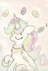 Size: 692x1019 | Tagged: safe, artist:slightlyshade, imported from derpibooru, princess celestia, pony, chest fluff, donut, eyes closed, female, food, horn grab, open mouth, raised hoof, sillestia, silly, silly pony, simple background, sitting, solo, the uses of unicorn horns, traditional art