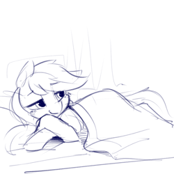 Size: 1280x1280 | Tagged: safe, artist:dimfann, imported from derpibooru, applejack, bed, blanket, female, hatless, missing accessory, monochrome, morning ponies, simple background, smiling, solo, white background