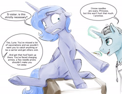 Size: 1925x1488 | Tagged: safe, artist:silfoe, imported from derpibooru, princess luna, oc, alicorn, pony, unicorn, royal sketchbook, dialogue, discussion in the comments, doctor, ears back, female, floppy ears, gritted teeth, implied princess celestia, male, mare, offscreen character, on the moon for too long, open mouth, s1 luna, scared, simple background, smiling, speech bubble, stallion, syringe, trypanophobia, underhoof, vaccination, white background, wide eyes