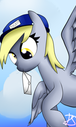 Size: 2200x3640 | Tagged: safe, artist:lyres-art, imported from derpibooru, derpy hooves, pegasus, pony, female, hat, letter, mail, mailmare, mailmare hat, mouth hold, solo