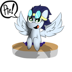 Size: 1024x1024 | Tagged: dead source, safe, artist:lyres-art, imported from derpibooru, soarin', pegasus, pony, bust, food, goggles, male, pie, simple background, smiling, solo, speech bubble, that pony sure does love pies, white background